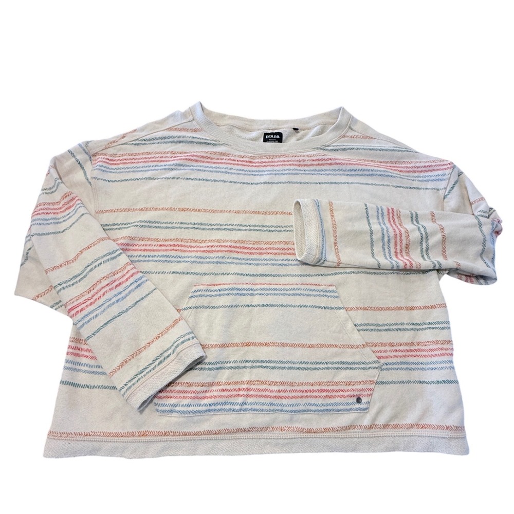 Prana Womens Large Cream Striped French Terry Pullover Sweatshirt Kangaroo Pocke